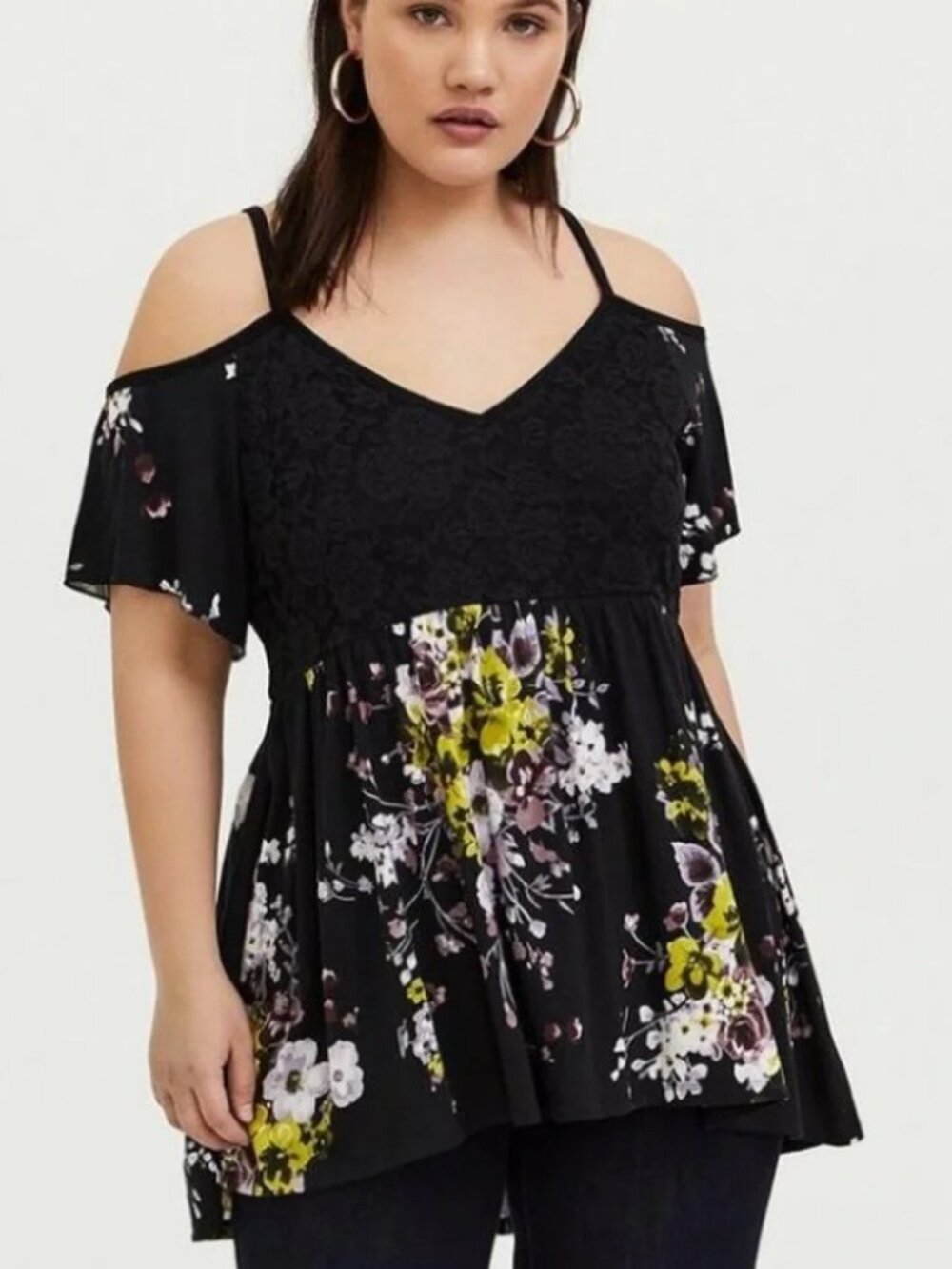 Torrid Black Floral Lace Cold-Shoulder Babydoll Top Hi Lo Hem